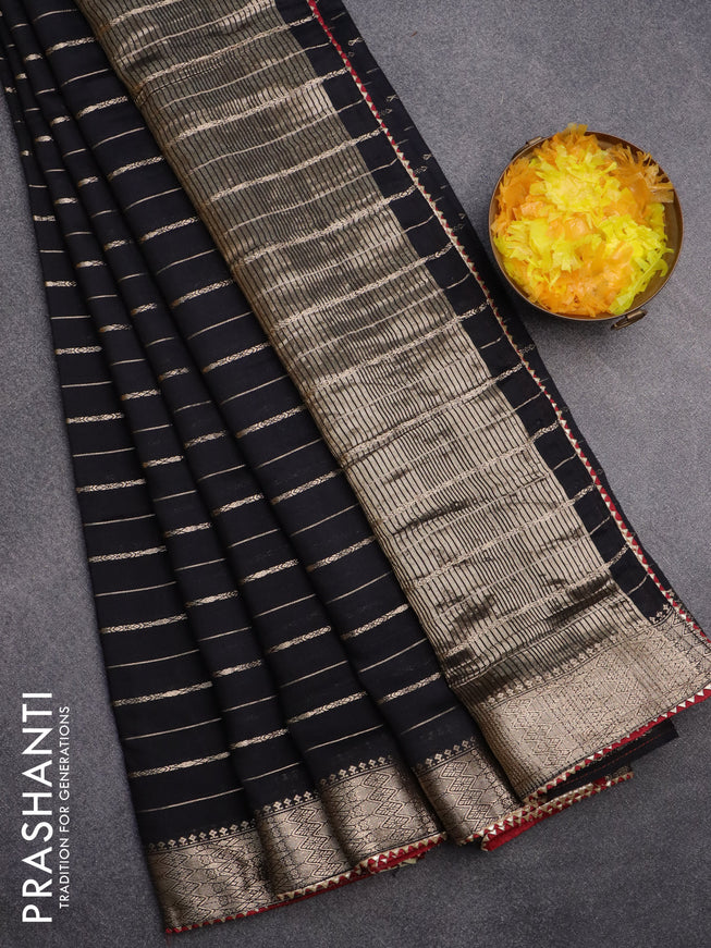 Semi chanderi saree black and maroon with allover zari woven stripes pattern and zari woven & gotapatti lace work border