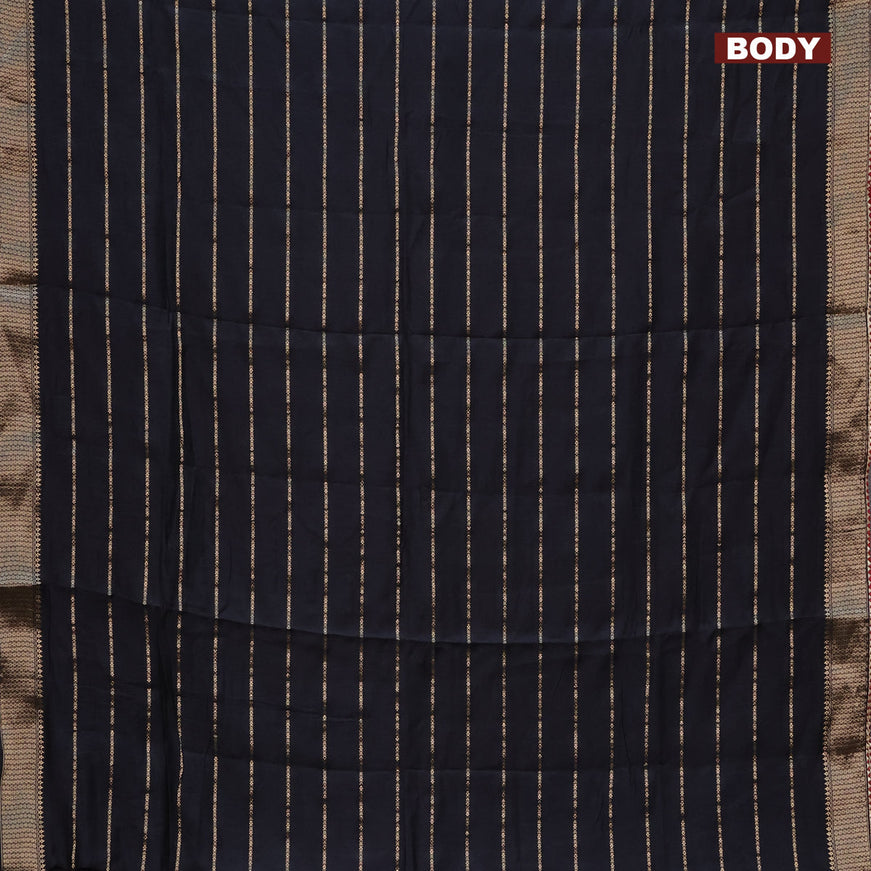 Semi chanderi saree black and maroon with allover zari woven stripes pattern and zari woven & gotapatti lace work border