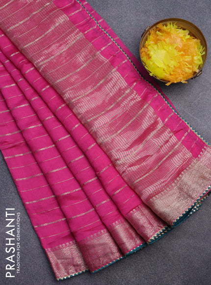 Semi chanderi saree pink and peacock green with allover zari woven stripes pattern and zari woven & gotapatti lace work border