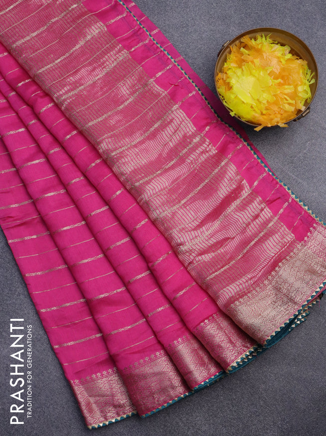 Semi chanderi saree pink and peacock green with allover zari woven stripes pattern and zari woven & gotapatti lace work border