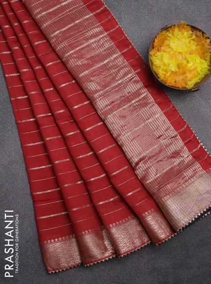 Semi chanderi saree red and grey with allover zari woven stripes pattern and zari woven & gotapatti lace work border