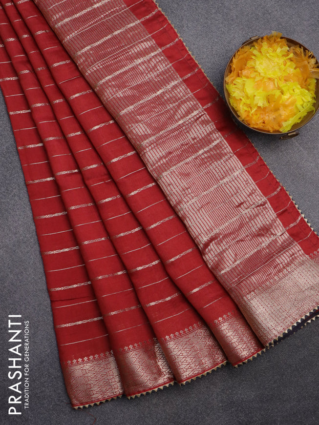 Semi chanderi saree red and grey with allover zari woven stripes pattern and zari woven & gotapatti lace work border