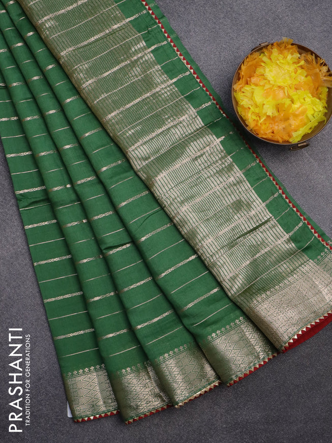 Semi chanderi saree green and red with allover zari woven stripes pattern and zari woven & gotapatti lace work border