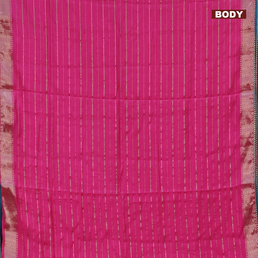 Semi chanderi saree pink and peacock green with allover zari woven stripes pattern and zari woven & gotapatti lace work border