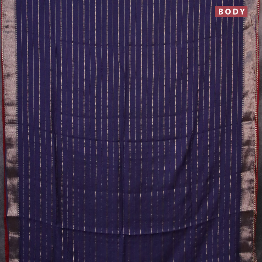 Semi chanderi saree blue and maroon with allover zari woven stripes pattern and zari woven & gotapatti lace work border