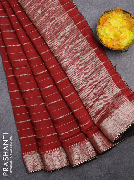 Semi chanderi saree maroon and black with allover zari woven stripes pattern and zari woven & gotapatti lace work border