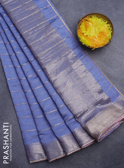 Semi chanderi saree blue shade and pastel pink with allover zari woven stripes pattern and zari woven & gotapatti lace work border