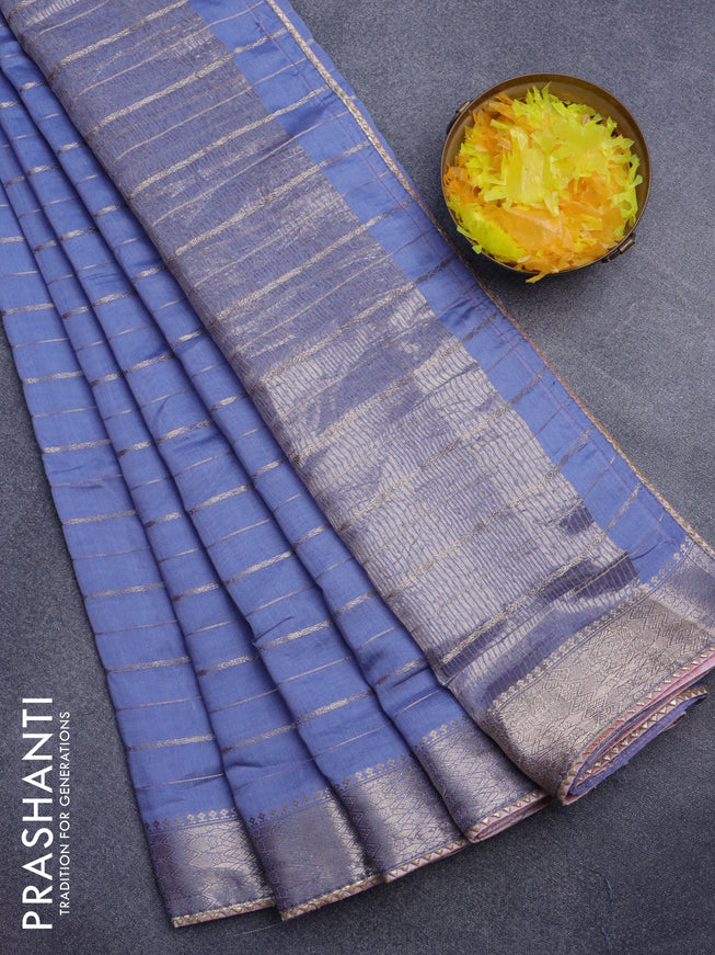 Semi chanderi saree blue shade and pastel pink with allover zari woven stripes pattern and zari woven & gotapatti lace work border