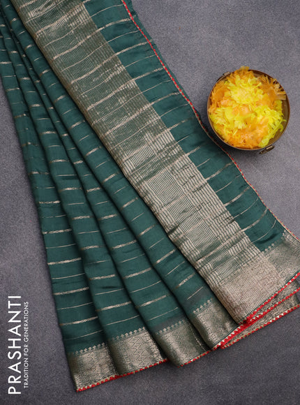 Semi chanderi saree green and red with allover zari woven stripes pattern and zari woven & gotapatti lace work border