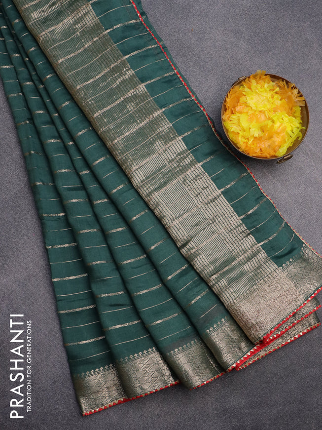 Semi chanderi saree green and red with allover zari woven stripes pattern and zari woven & gotapatti lace work border