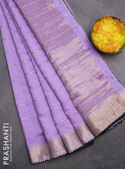 Semi chanderi saree lavender shade and peacock blue with allover zari woven stripes pattern and zari woven & gotapatti lace work border