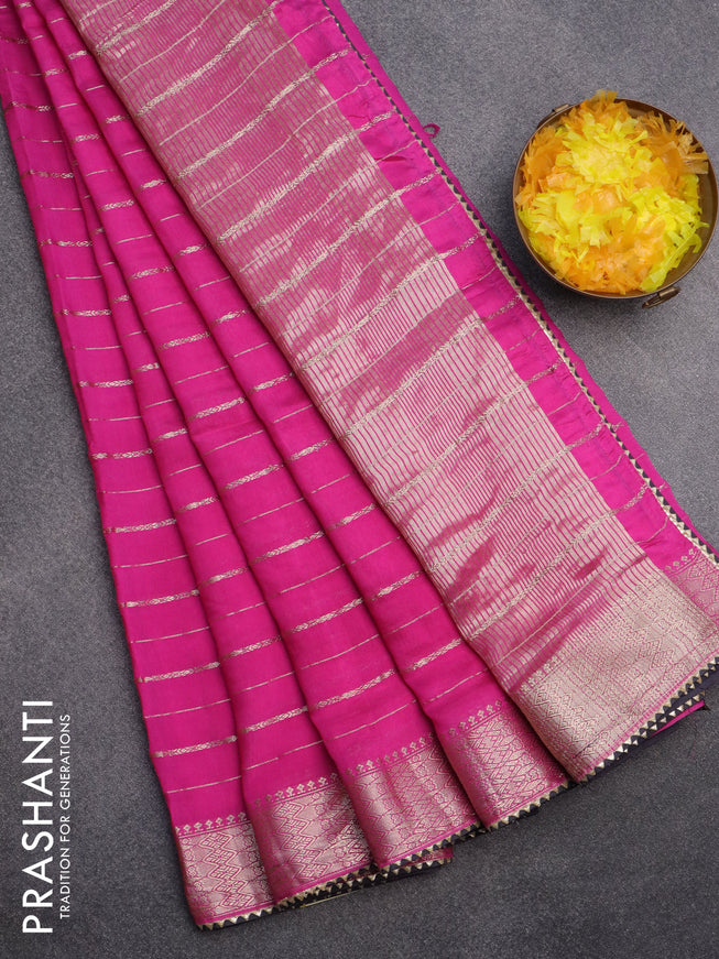 Semi chanderi saree pink and grey with allover zari woven stripes pattern and zari woven & gotapatti lace work border