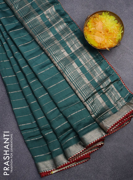 Semi chanderi saree green and red with allover zari woven stripes pattern and zari woven & gotapatti lace work border