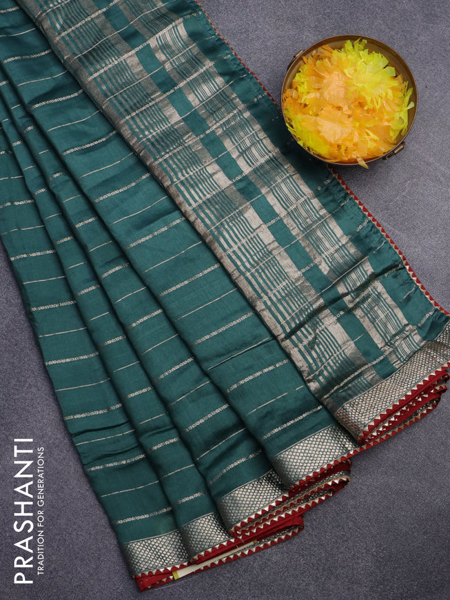 Semi chanderi saree green and red with allover zari woven stripes pattern and zari woven & gotapatti lace work border