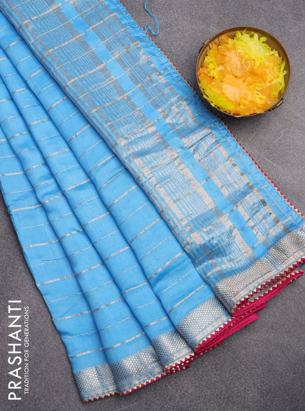 Semi chanderi saree light blue and pink with allover zari woven stripes pattern and zari woven & gotapatti lace work border