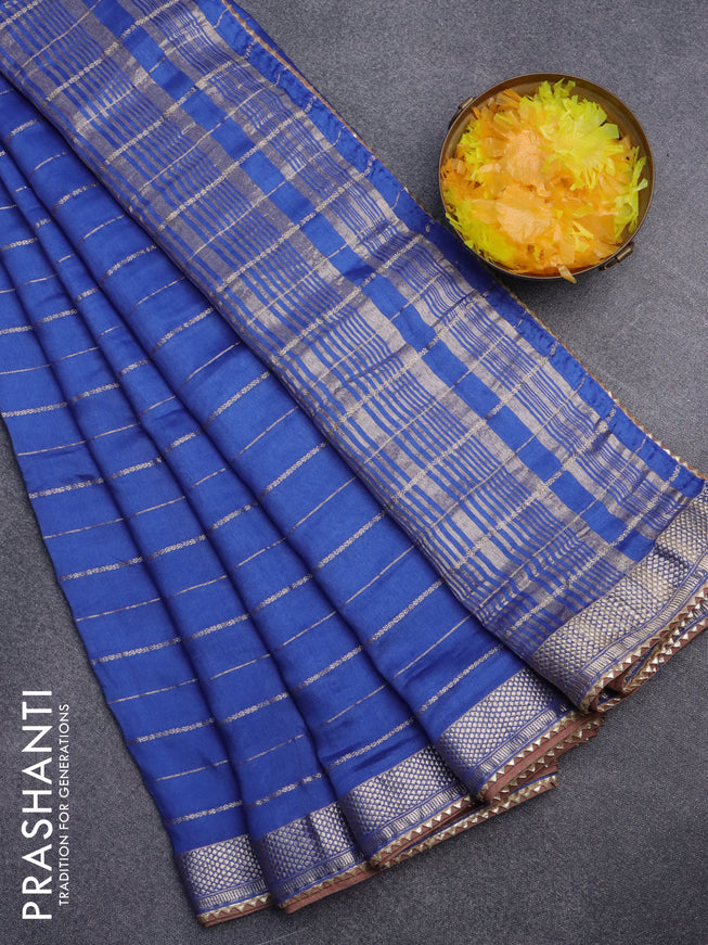 Semi chanderi saree blue and brown with allover zari woven stripes pattern and zari woven & gotapatti lace work border