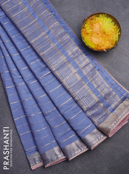 Semi chanderi saree pastel blue and peach pink with allover zari woven stripes pattern and zari woven & gotapatti lace work border