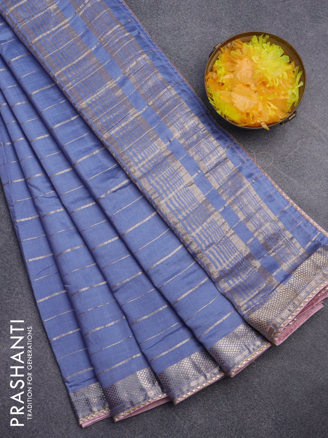 Semi chanderi saree pastel blue and peach pink with allover zari woven stripes pattern and zari woven & gotapatti lace work border