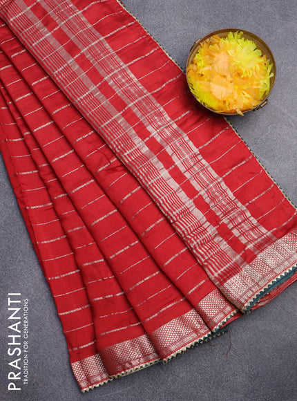 Semi chanderi saree red and green with allover zari woven stripes pattern and zari woven & gotapatti lace work border