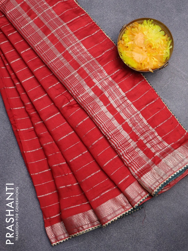 Semi chanderi saree red and green with allover zari woven stripes pattern and zari woven & gotapatti lace work border