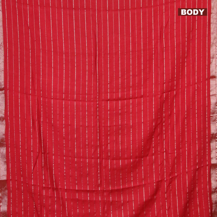 Semi chanderi saree red and green with allover zari woven stripes pattern and zari woven & gotapatti lace work border