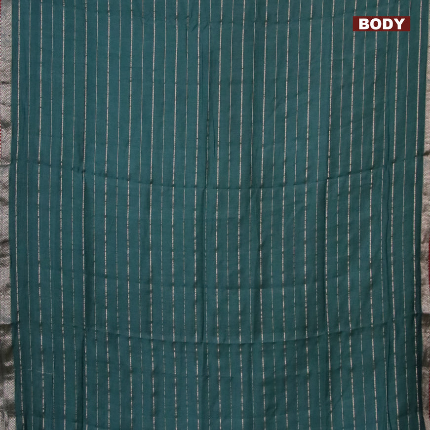 Semi chanderi saree green and red with allover zari woven stripes pattern and zari woven & gotapatti lace work border