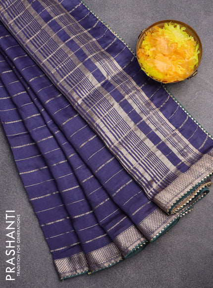 Semi chanderi saree blue and green with allover zari woven stripes pattern and zari woven & gotapatti lace work border