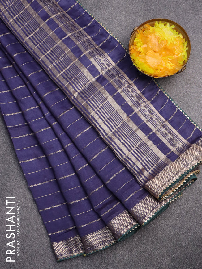 Semi chanderi saree blue and green with allover zari woven stripes pattern and zari woven & gotapatti lace work border