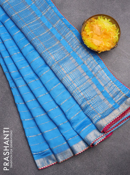 Semi chanderi saree light blue and pink with allover zari woven stripes pattern and zari woven & gotapatti lace work border