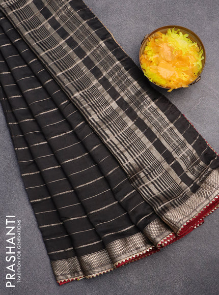 Semi chanderi saree black and maroon with allover zari woven stripes pattern and zari woven & gotapatti lace work border