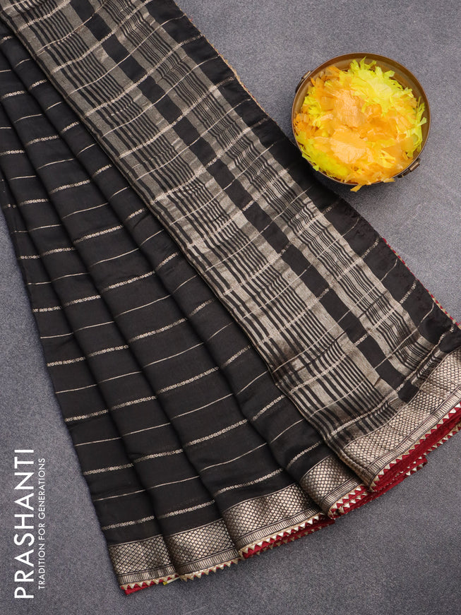 Semi chanderi saree black and maroon with allover zari woven stripes pattern and zari woven & gotapatti lace work border