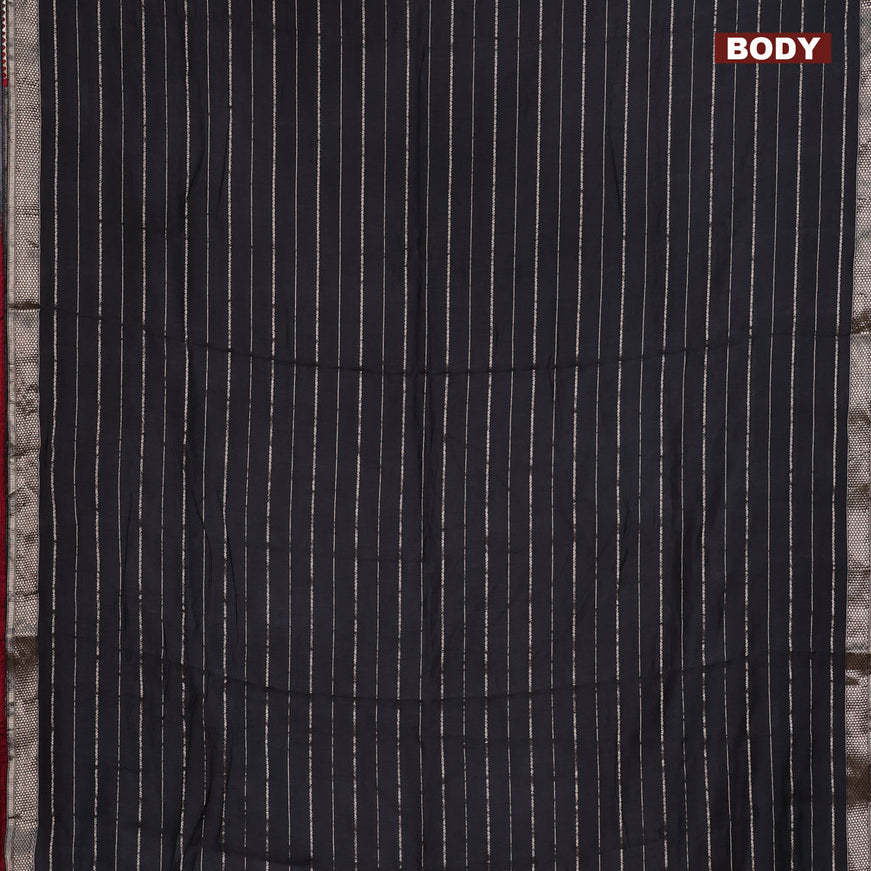 Semi chanderi saree black and maroon with allover zari woven stripes pattern and zari woven & gotapatti lace work border