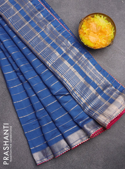 Semi chanderi saree blue and pink with allover zari woven stripes pattern and zari woven & gotapatti lace work border