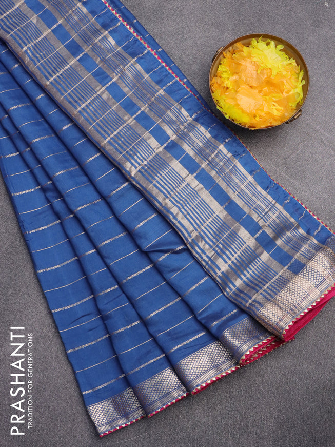 Semi chanderi saree blue and pink with allover zari woven stripes pattern and zari woven & gotapatti lace work border