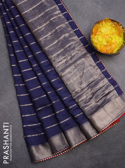 Semi chanderi saree blue and red with allover zari woven stripes pattern and zari woven & gotapatti lace work border