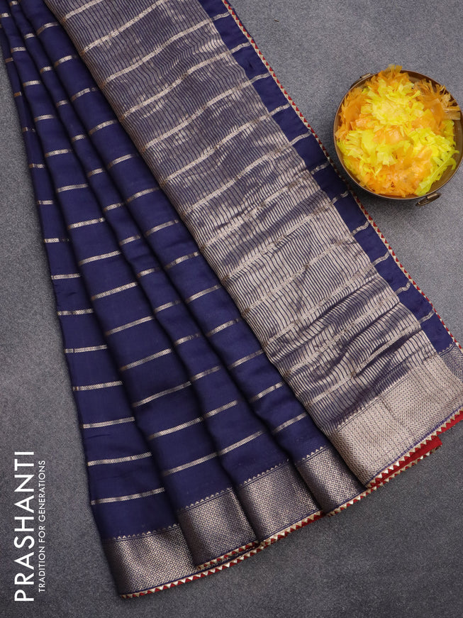 Semi chanderi saree blue and red with allover zari woven stripes pattern and zari woven & gotapatti lace work border