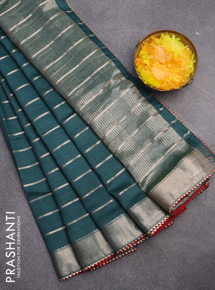 Semi chanderi saree green and red with allover zari woven stripes pattern and zari woven & gotapatti lace work border