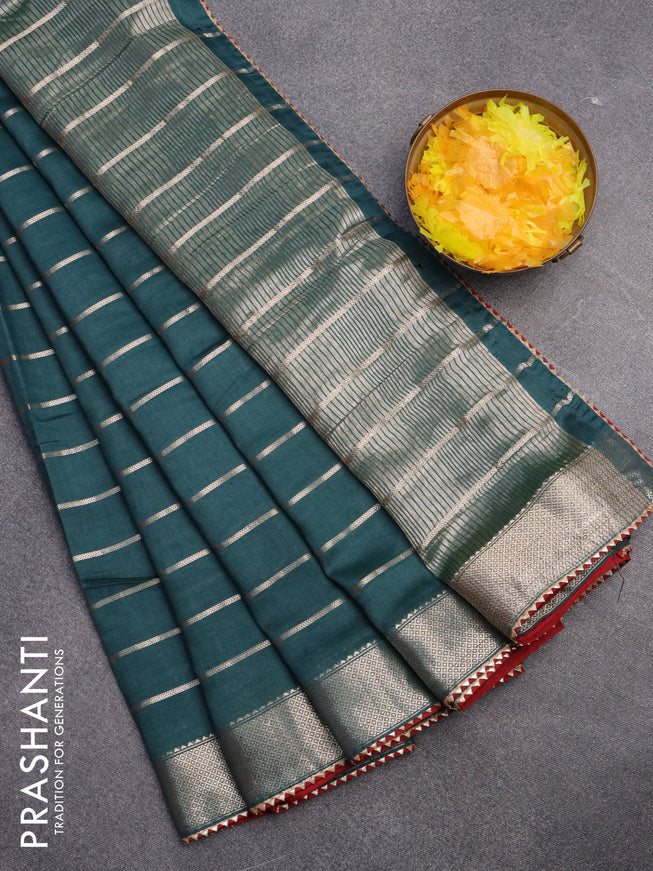 Semi chanderi saree green and red with allover zari woven stripes pattern and zari woven & gotapatti lace work border