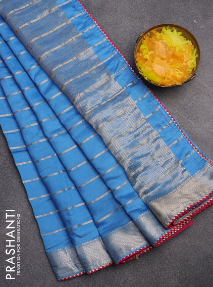 Semi chanderi saree light blue and pink with allover zari woven stripes pattern and zari woven & gotapatti lace work border