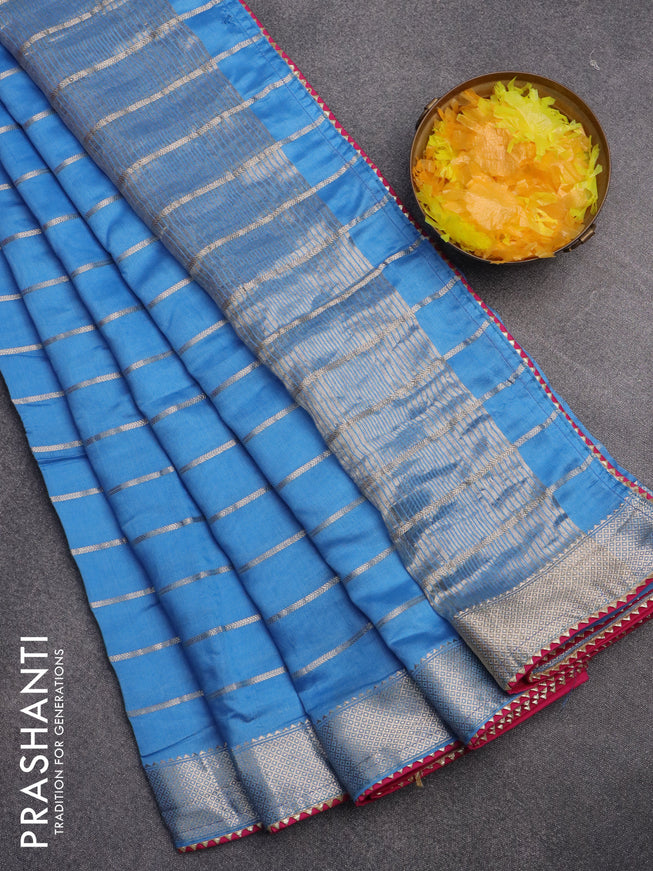 Semi chanderi saree light blue and pink with allover zari woven stripes pattern and zari woven & gotapatti lace work border