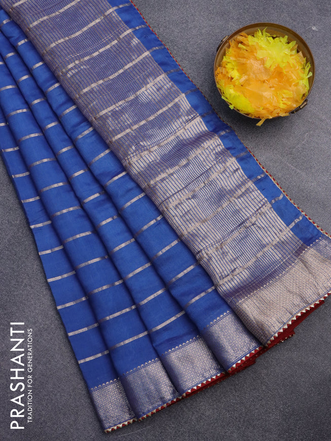 Semi chanderi saree blue and red with allover zari woven stripes pattern and zari woven & gotapatti lace work border