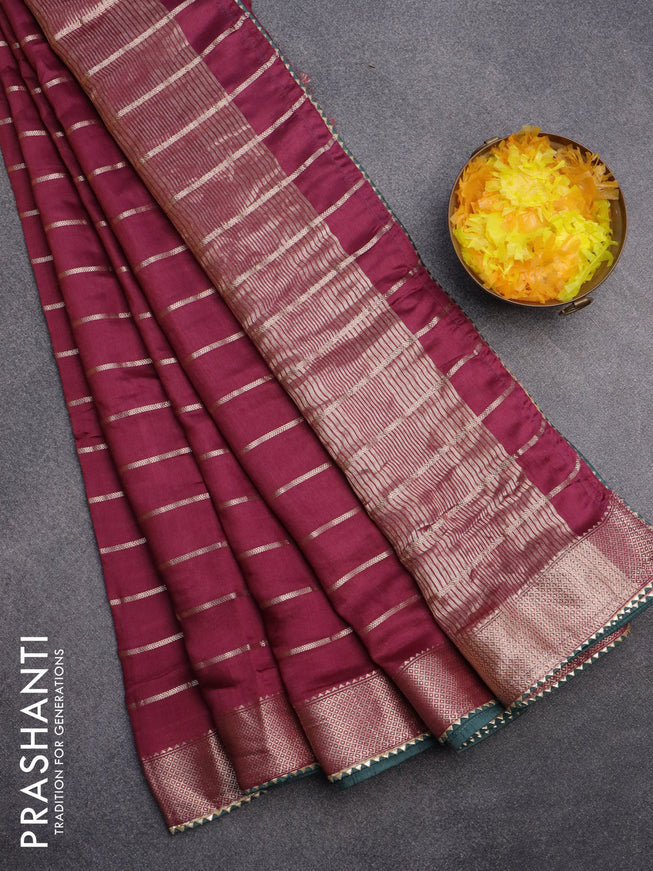 Semi chanderi saree magenta pink and green with allover zari woven stripes pattern and zari woven & gotapatti lace work border