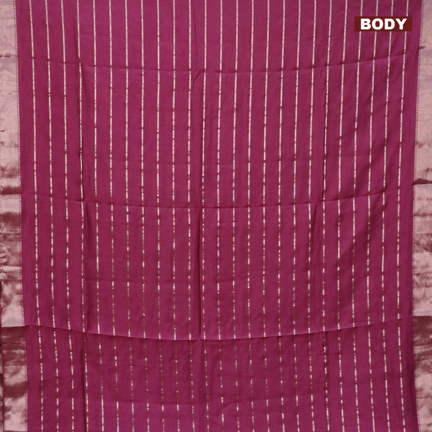 Semi chanderi saree magenta pink and green with allover zari woven stripes pattern and zari woven & gotapatti lace work border