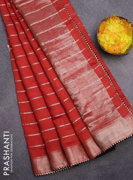 Semi chanderi saree red and black with allover zari woven stripes pattern and zari woven & gotapatti lace work border