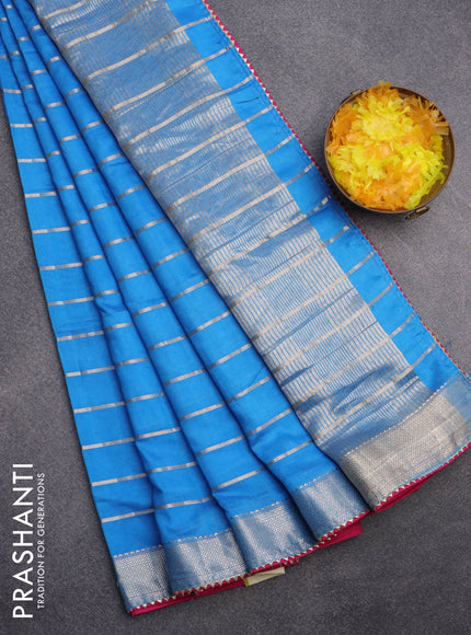 Semi chanderi saree light blue and pink with allover zari woven stripes pattern and zari woven & gotapatti lace work border