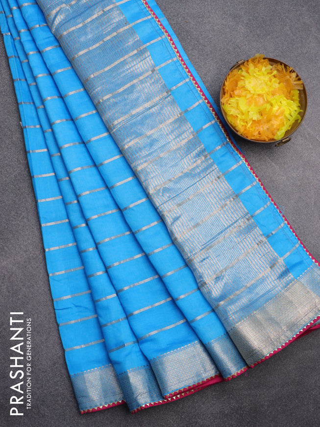 Semi chanderi saree light blue and pink with allover zari woven stripes pattern and zari woven & gotapatti lace work border