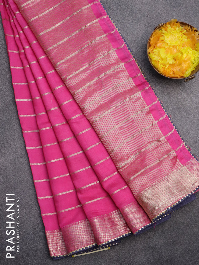 Semi chanderi saree pink and blue with allover zari woven stripes pattern and zari woven & gotapatti lace work border