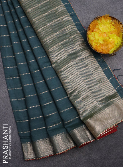 Semi chanderi saree peacock green and red with allover zari woven stripes pattern and zari woven & gotapatti lace work border