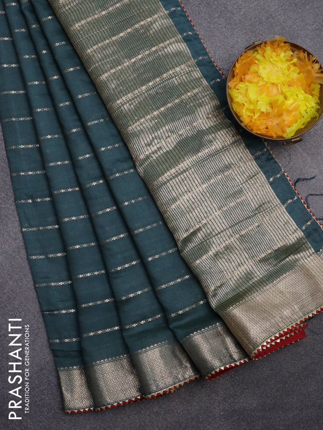 Semi chanderi saree peacock green and red with allover zari woven stripes pattern and zari woven & gotapatti lace work border