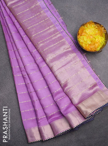 Semi chanderi saree lavender and grey with allover zari woven stripes pattern and zari woven & gotapatti lace work border